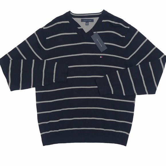 NEW Tommy Hilfiger Sweater! Navy With Gray Stripes  V Neck  Tommy Flag on Chest - Picture 1 of 1
